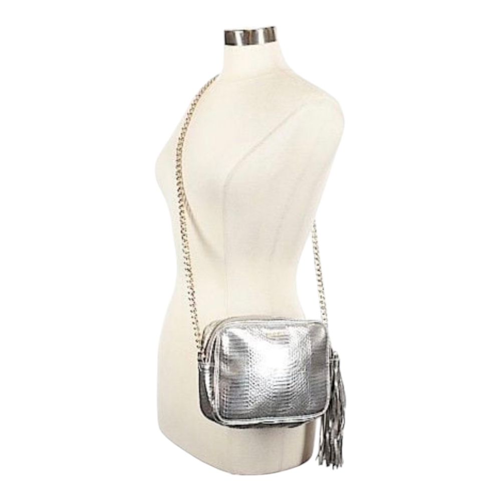 Victoria's Secret Silver Snakeskin Print Crossbody Bag with Tassel